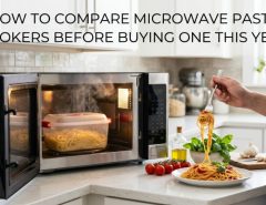 Sleek microwave pasta cooker inside an open microwave in a modern kitchen with the article title overlay text.