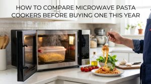 Sleek microwave pasta cooker inside an open microwave in a modern kitchen with the article title overlay text.