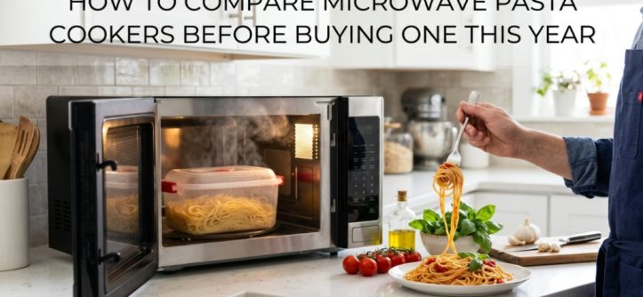 Sleek microwave pasta cooker inside an open microwave in a modern kitchen with the article title overlay text.