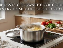Stainless steel pot boiling spaghetti noodles on a kitchen counter with buying guide text.