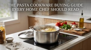 Stainless steel pot boiling spaghetti noodles on a kitchen counter with buying guide text.