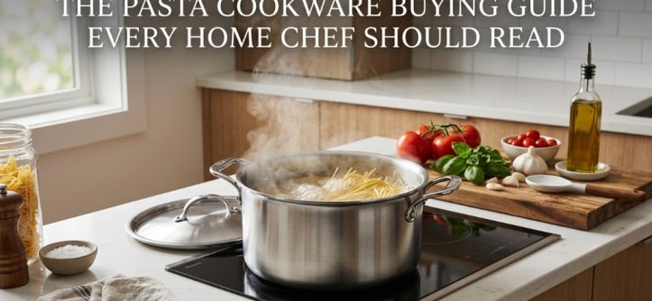 Stainless steel pot boiling spaghetti noodles on a kitchen counter with buying guide text.