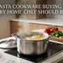 Stainless steel pot boiling spaghetti noodles on a kitchen counter with buying guide text.