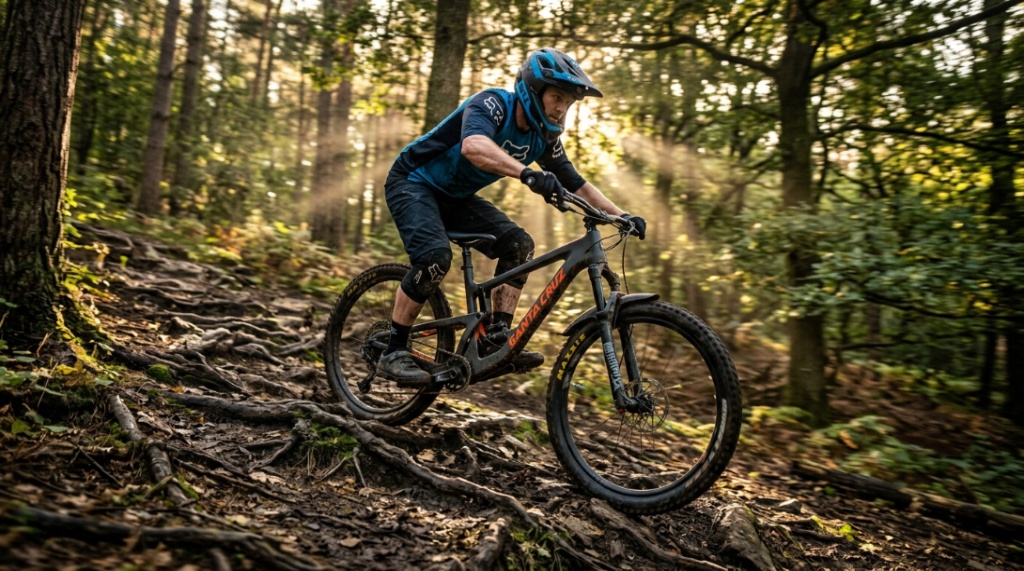 Cyclist riding a twenty-six inch mountain bike down a narrow singletrack.