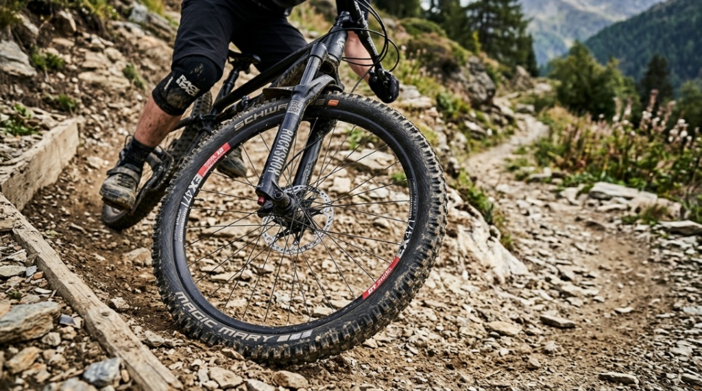 Close-up of twenty-six inch mountain bike tire gripping a rocky switchback turn.