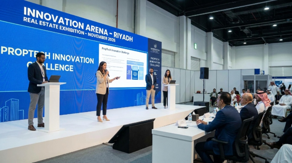 PropTech startup founders competing in the live Innovation Challenge pitch competition on the Innovation Arena stage at the November 2026 Riyadh real estate exhibition