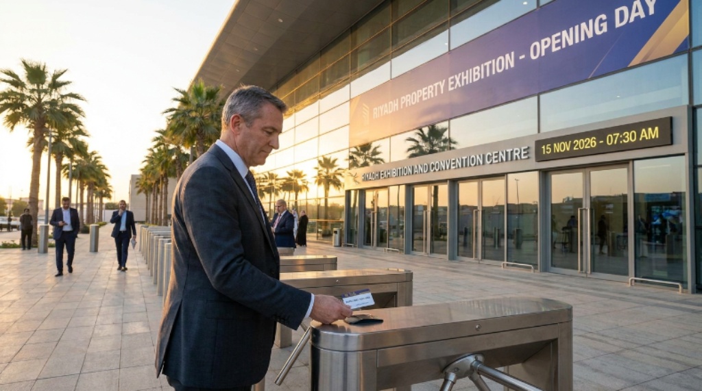 A senior executive using an Elite Pass to enter the Riyadh Exhibition and Convention Centre for early morning access on the opening day of the Riyadh property exhibition in November 2026