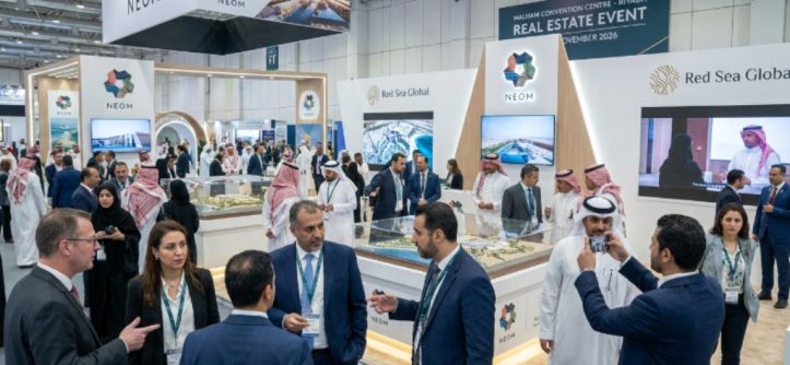 Crowds of real estate professionals exploring landmark project exhibits from NEOM and Red Sea Global on the exhibition floor at Malham convention centre in Riyadh during the November 2026 real estate event