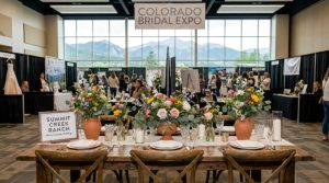 Wedding venue display with floral centerpieces at a Colorado bridal expo