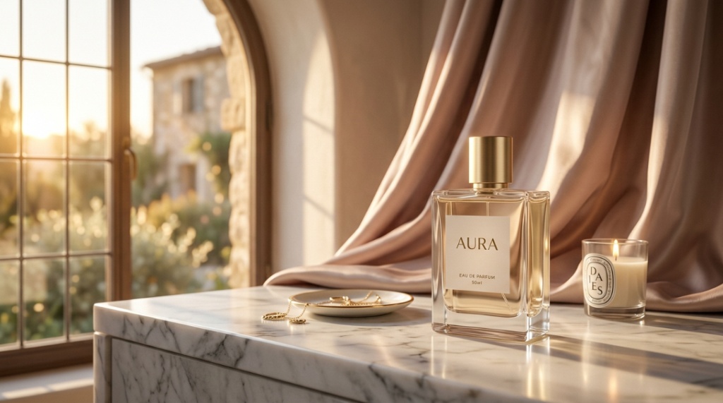 Three geometric glass fragrance bottles arranged on a beige background.