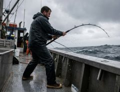 Angler wearing non-slip fishing shoes standing securely on a wet fiberglass boat deck.