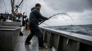 Angler wearing non-slip fishing shoes standing securely on a wet fiberglass boat deck.