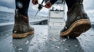 Fisherman standing stable on a slick deck wearing waterproof traction footwear.