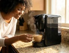 Close-up of coffee machine being descaled and maintained in a kitchen