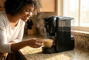 Close-up of coffee machine being descaled and maintained in a kitchen
