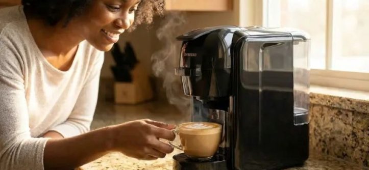 Close-up of coffee machine being descaled and maintained in a kitchen