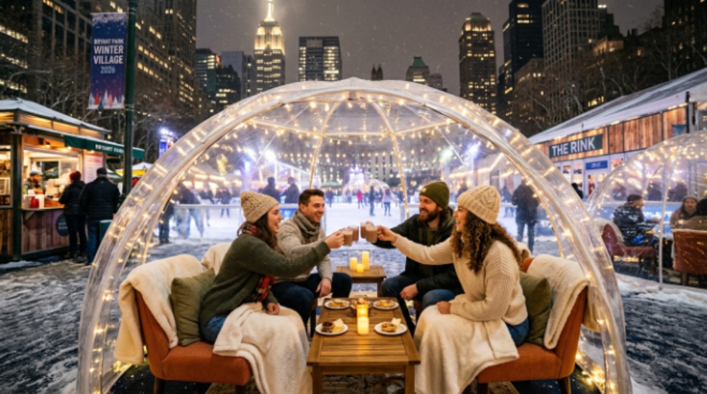 Visitors enjoying cozy igloo experience at Bryant Park Winter Village 2026