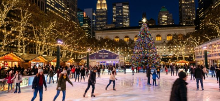 Bryant Park Winter Village 2026 ice skating rink at night with holiday lights