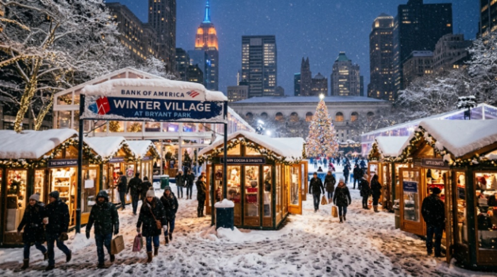 Holiday shops at Bank of America Winter Village Bryant Park covered in snow