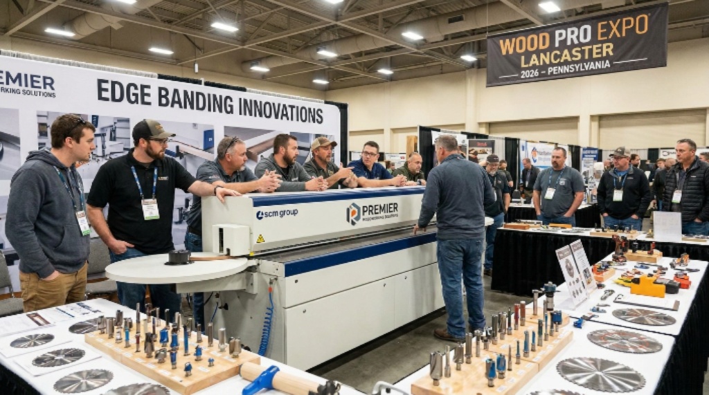 Cabinet makers and shop owners examining edge banding machinery and tooling at a supplier booth during Wood Pro Expo Lancaster 2026 in Pennsylvania