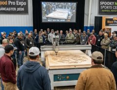 Woodworking professionals watching a live CNC router demonstration on the expo floor at Wood Pro Expo Lancaster 2026 at Spooky Nook Sports Center in Manheim, Pennsylvania