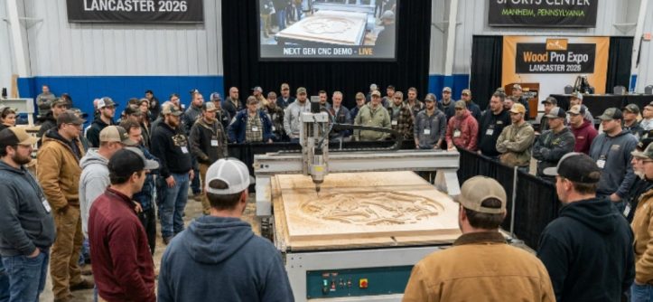 Woodworking professionals watching a live CNC router demonstration on the expo floor at Wood Pro Expo Lancaster 2026 at Spooky Nook Sports Center in Manheim, Pennsylvania