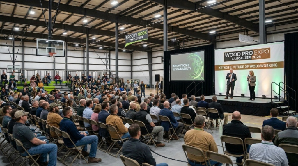 Industry experts presenting a keynote session to woodworking business owners at Wood Pro Expo Lancaster 2026 inside the Spooky Nook Sports Center