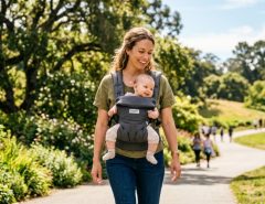 Smiling mother wearing an affordable ergonomic baby carrier while walking outdoors in California.
