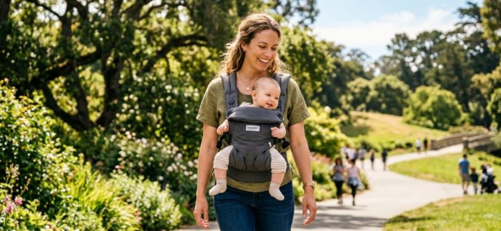 Smiling mother wearing an affordable ergonomic baby carrier while walking outdoors in California.