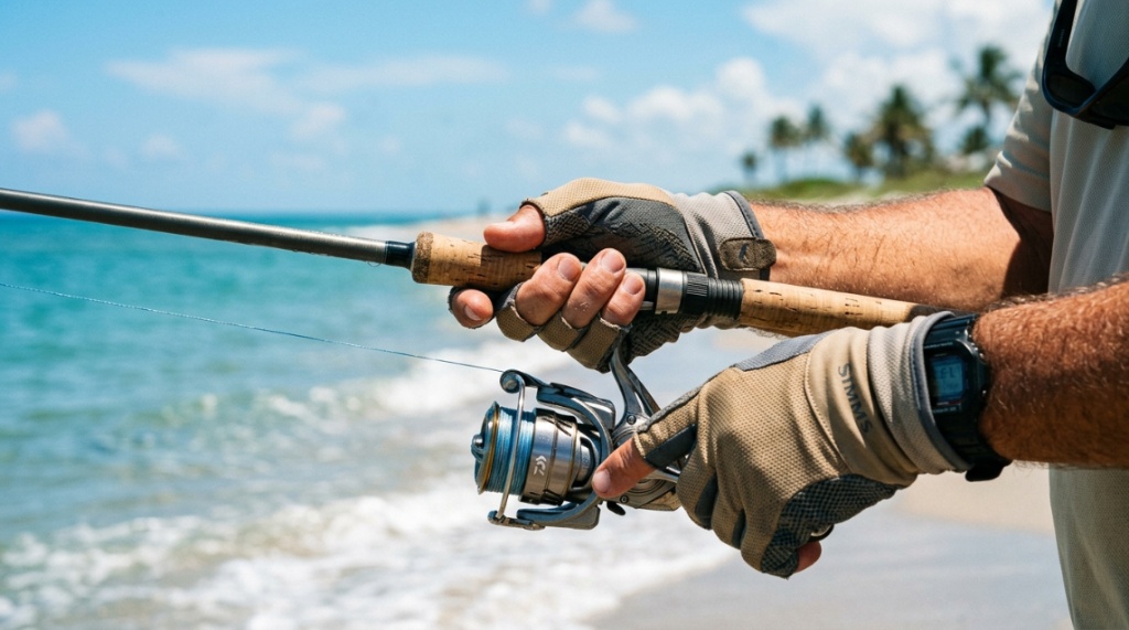 Angler wearing comfortable, budget-friendly gloves while fishing on pier.