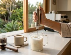 Person using an electric milk frother to foam milk in a kitchen.