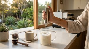 Person using an electric milk frother to foam milk in a kitchen.