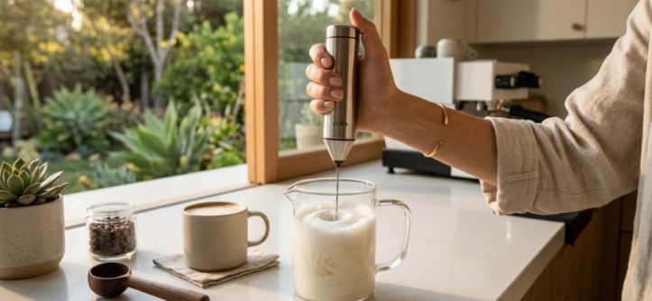 Person using an electric milk frother to foam milk in a kitchen.