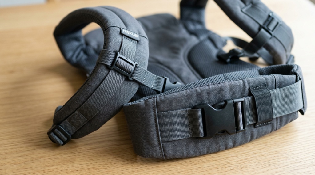 Close-up of supportive straps and lumbar support on an affordable ergonomic baby carrier.