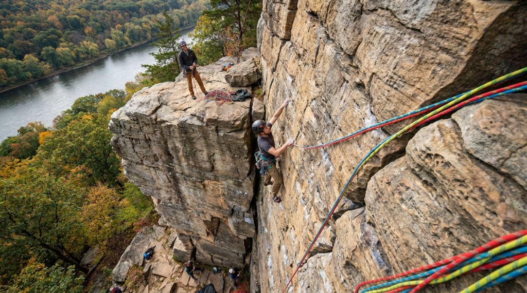 Hands inspecting a rock climbing rope for wear and tear before ascending.
