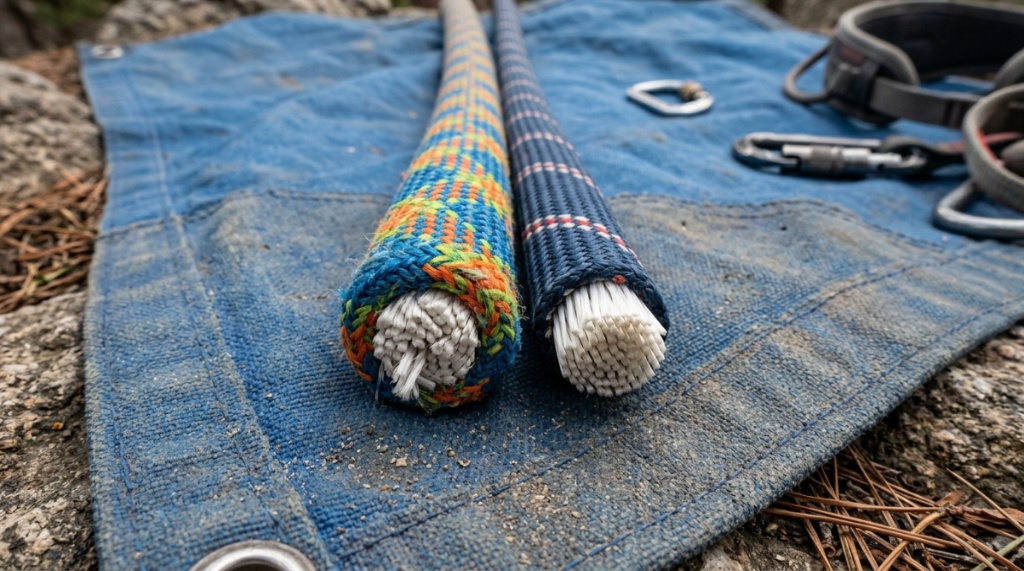 A close up comparison showing the weave pattern of dynamic and static climbing ropes.