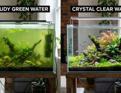 Side-by-side comparison of green cloudy aquarium water and clear tank water