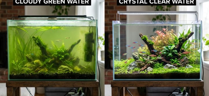 Side-by-side comparison of green cloudy aquarium water and clear tank water