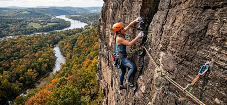 A rock climber scaling a cliff using a colorful dynamic climbing rope in Pennsylvania.