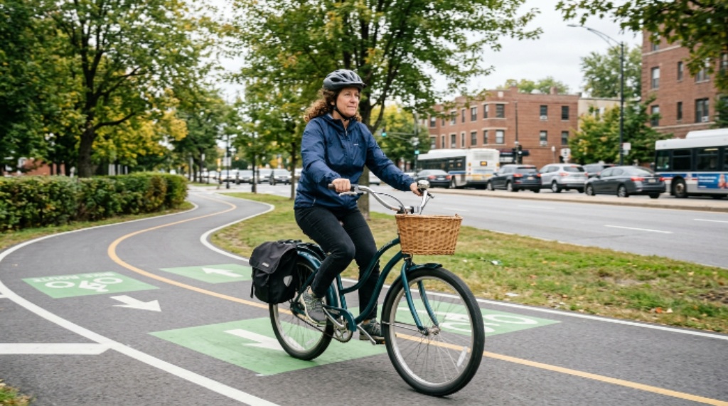 Cyclist riding a cruiser bike on a commuter route