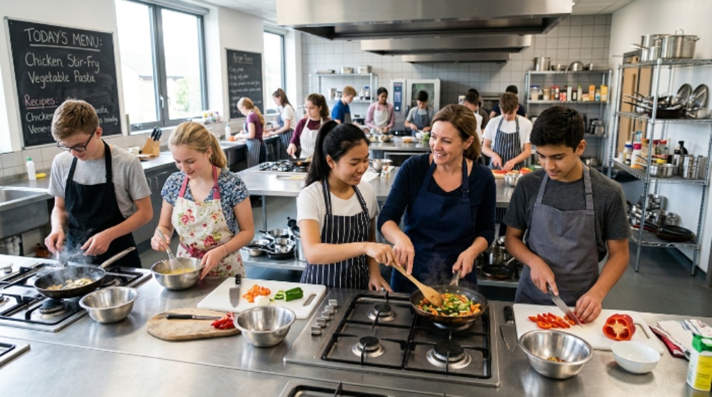 Teen students learning cooking skills in a school kitchen with a teacher