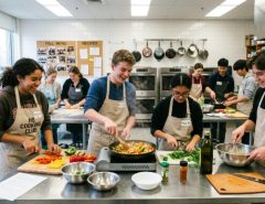 High school students preparing meals together during a cooking club session