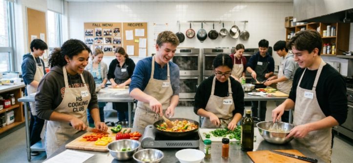 High school students preparing meals together during a cooking club session