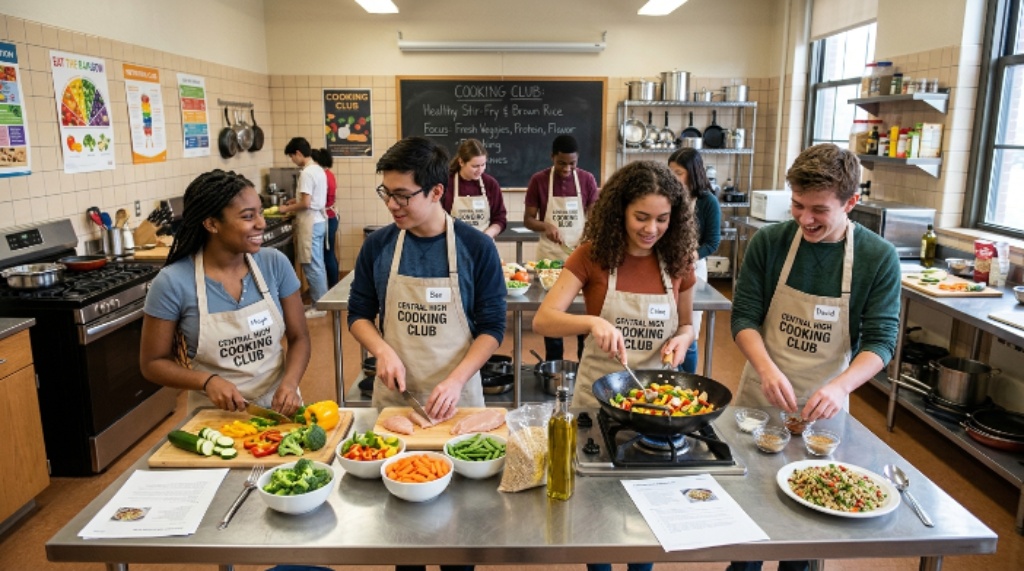 Student-led high school cooking club making healthy recipes in a classroom kitchen