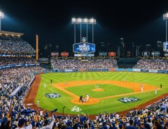 Baseball stadium lit up at night during a World Series game