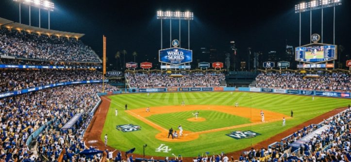 Baseball stadium lit up at night during a World Series game