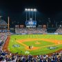 Baseball stadium lit up at night during a World Series game