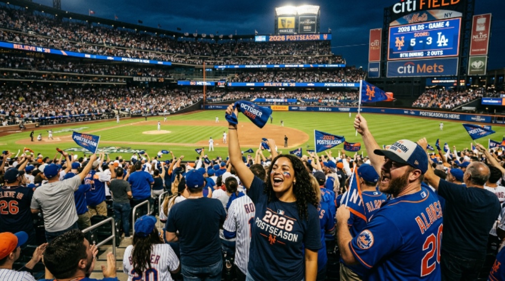 Fans cheering in the stands at a 2026 postseason baseball game