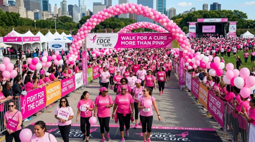 Pink balloons and banners at the Komen breast cancer awareness walk