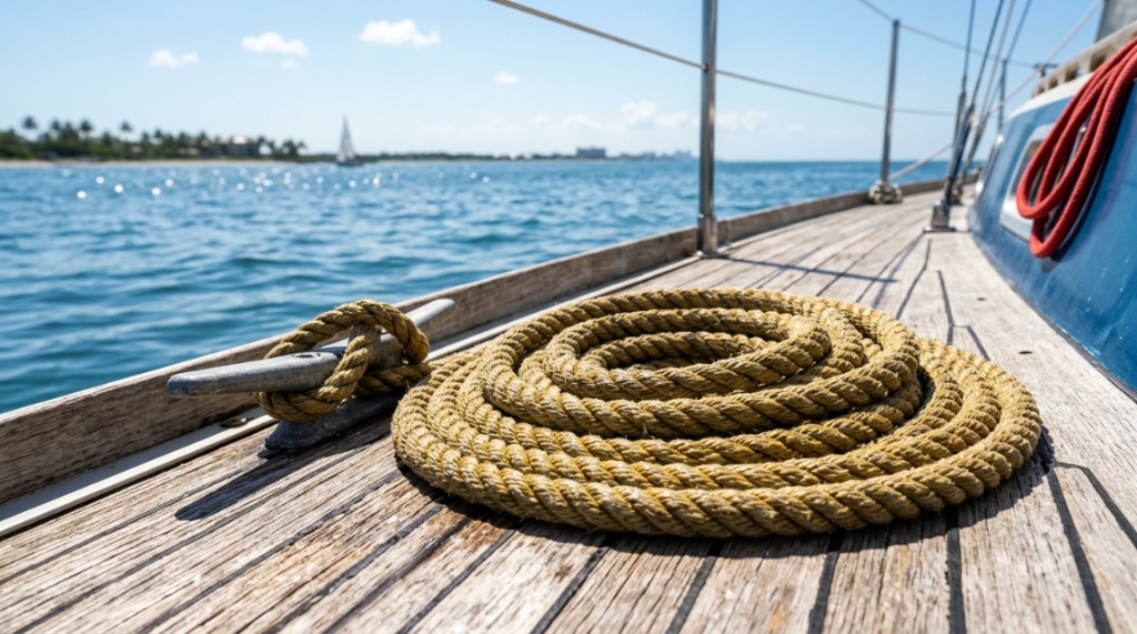 Boater inspecting different types of braided marine anchor ropes at a marina.